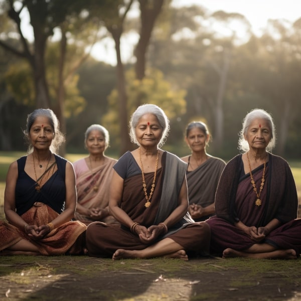 A group of elderly women practicing meditation outdoors with trees behind under sunlight