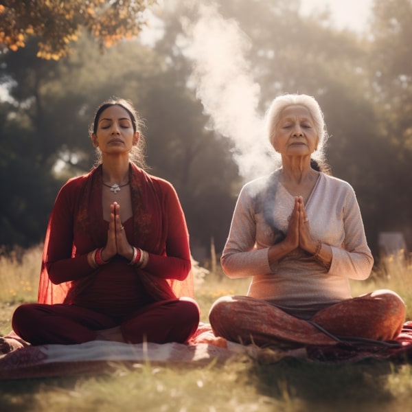 A pair of elderly women practicing meditation outdoors with trees in the background under the sunlight